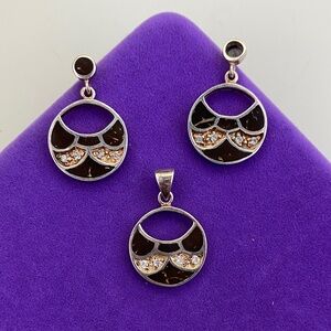 💛 Vintage Sterling Silver Natural Jet Wood & CZs Pendant & Earring Set